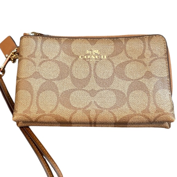 Coach Signature Double Zip Wristlet Brown Khaki Canvas Wallet - Picture 1 of 12